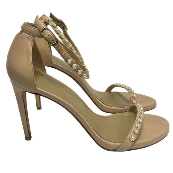 Stuart Weitzman Nudist Pearls Ankle Strap Sandals Heels Nude Size 10 (MSRP $455) - Picture 5 of 12